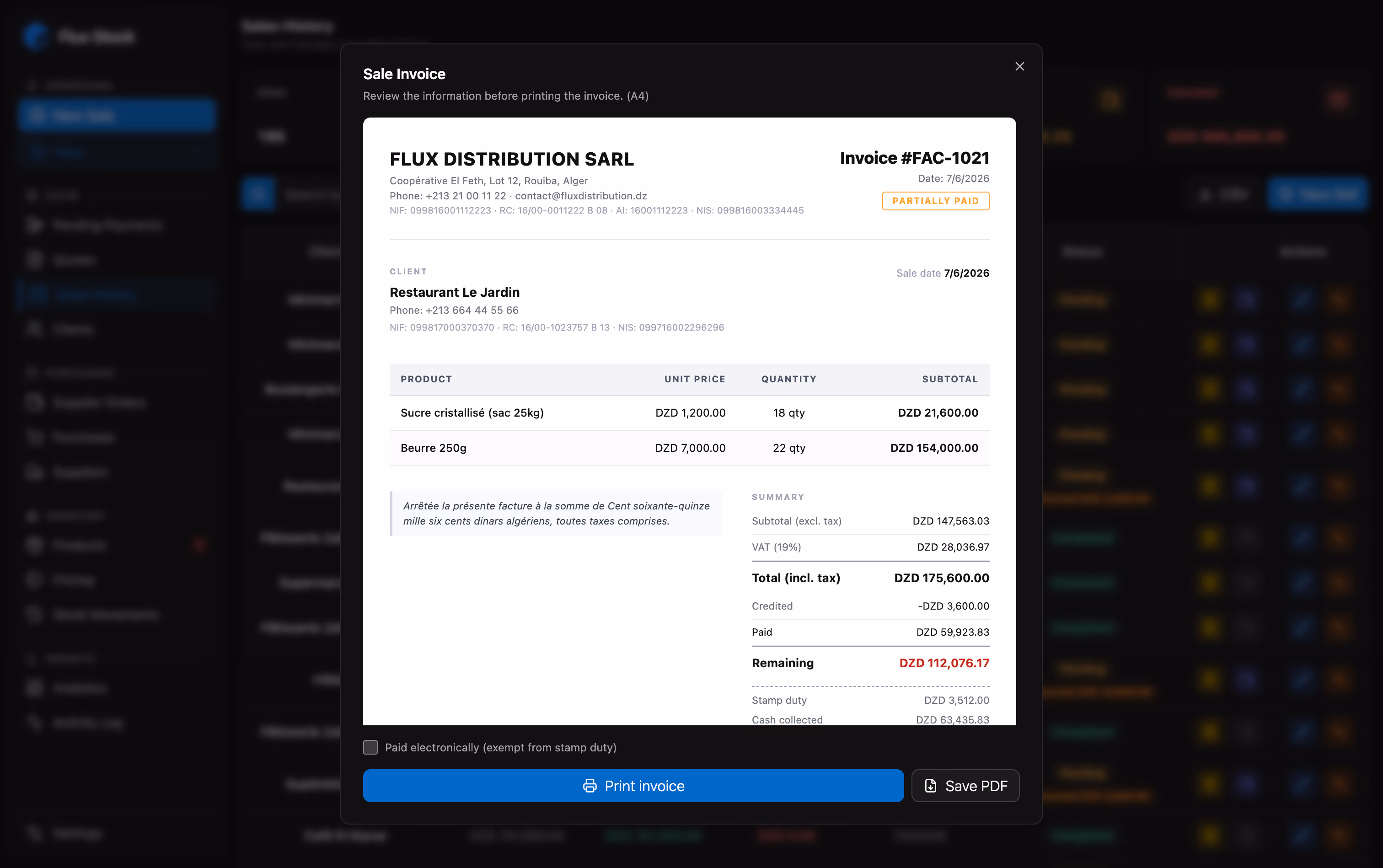 Sales invoice with VAT and stamp duty in Flux Stock
