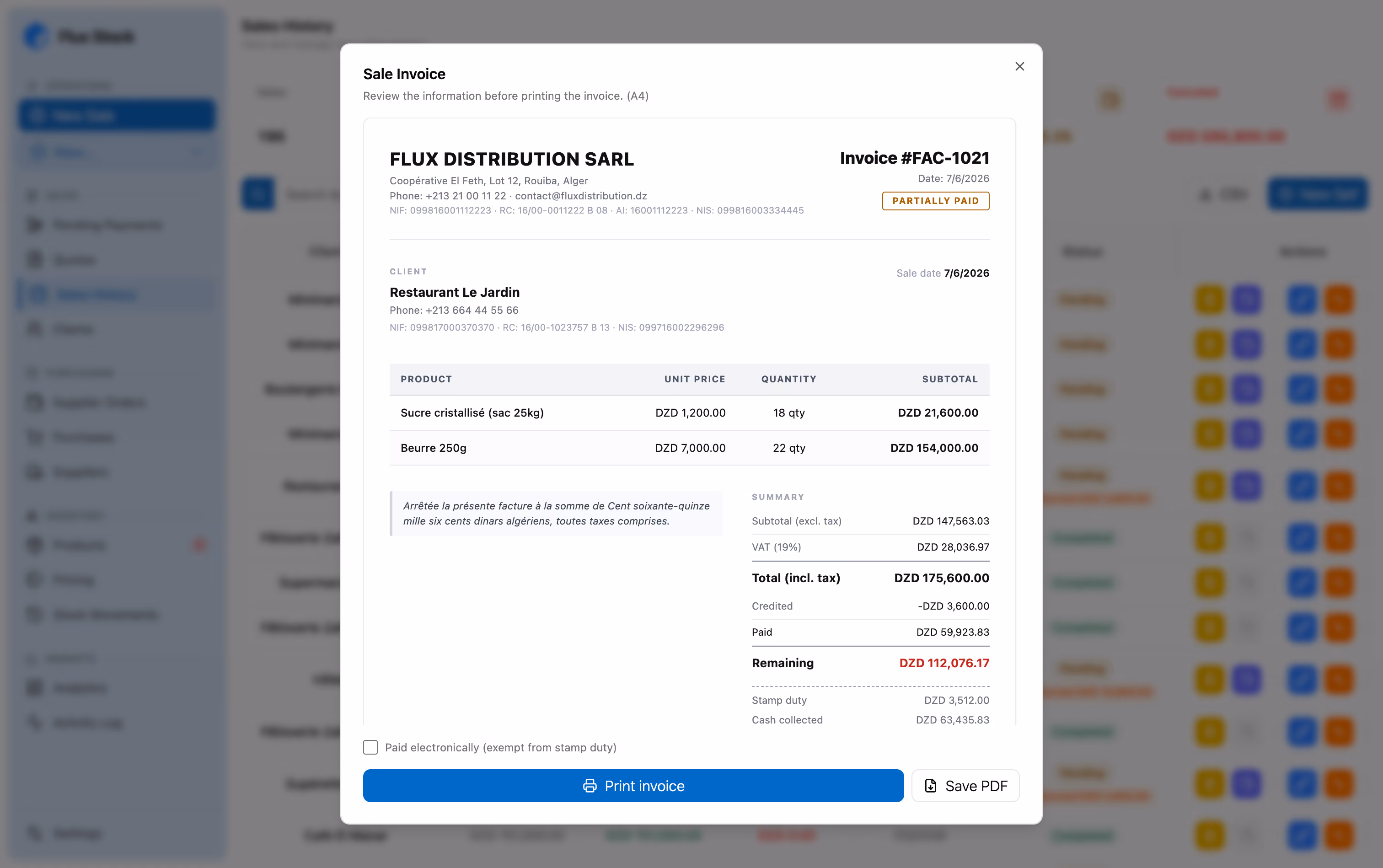 Sales invoice with VAT and stamp duty in Flux Stock
