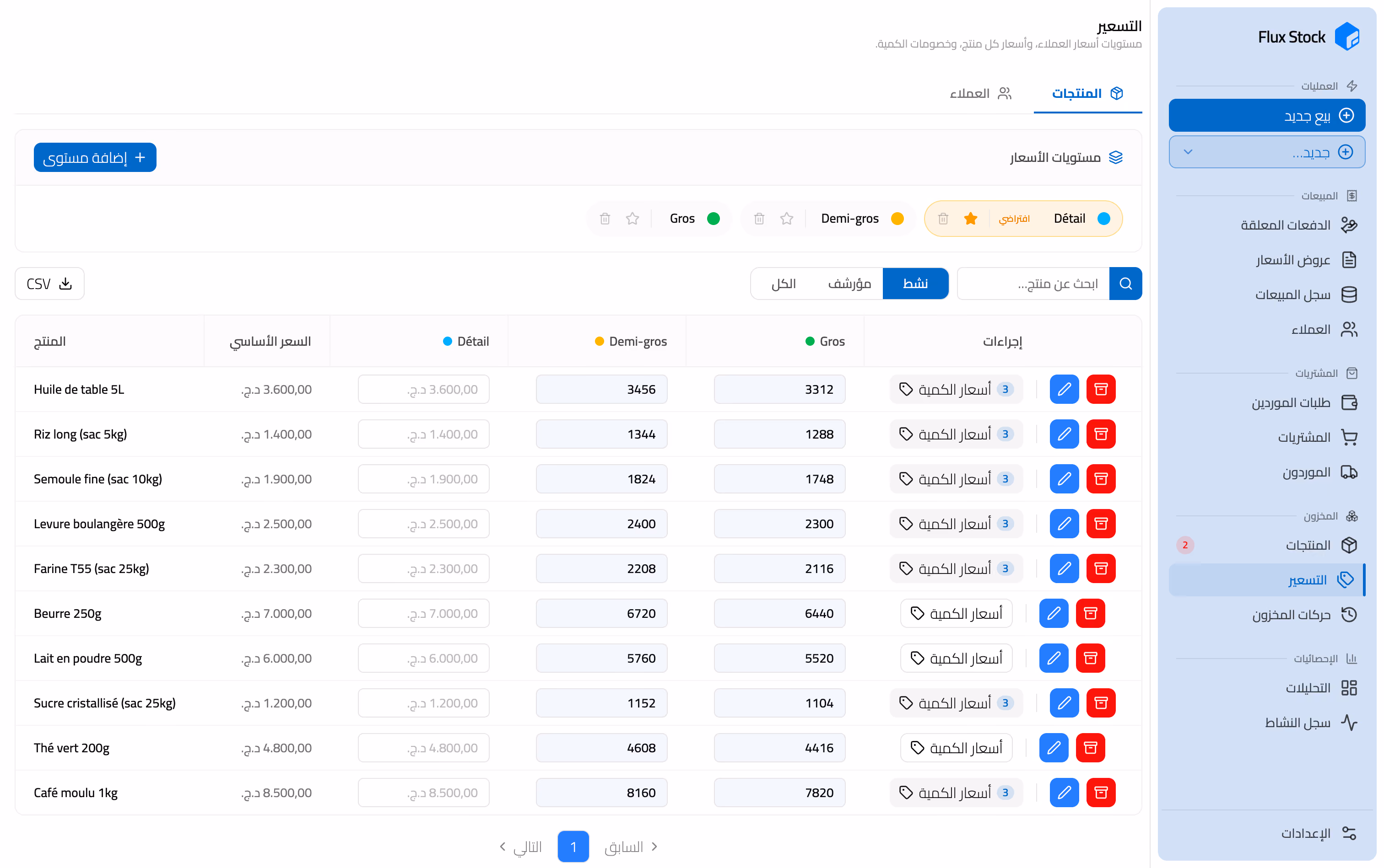 شبكة الأسعار حسب فئة العميل في Flux Stock