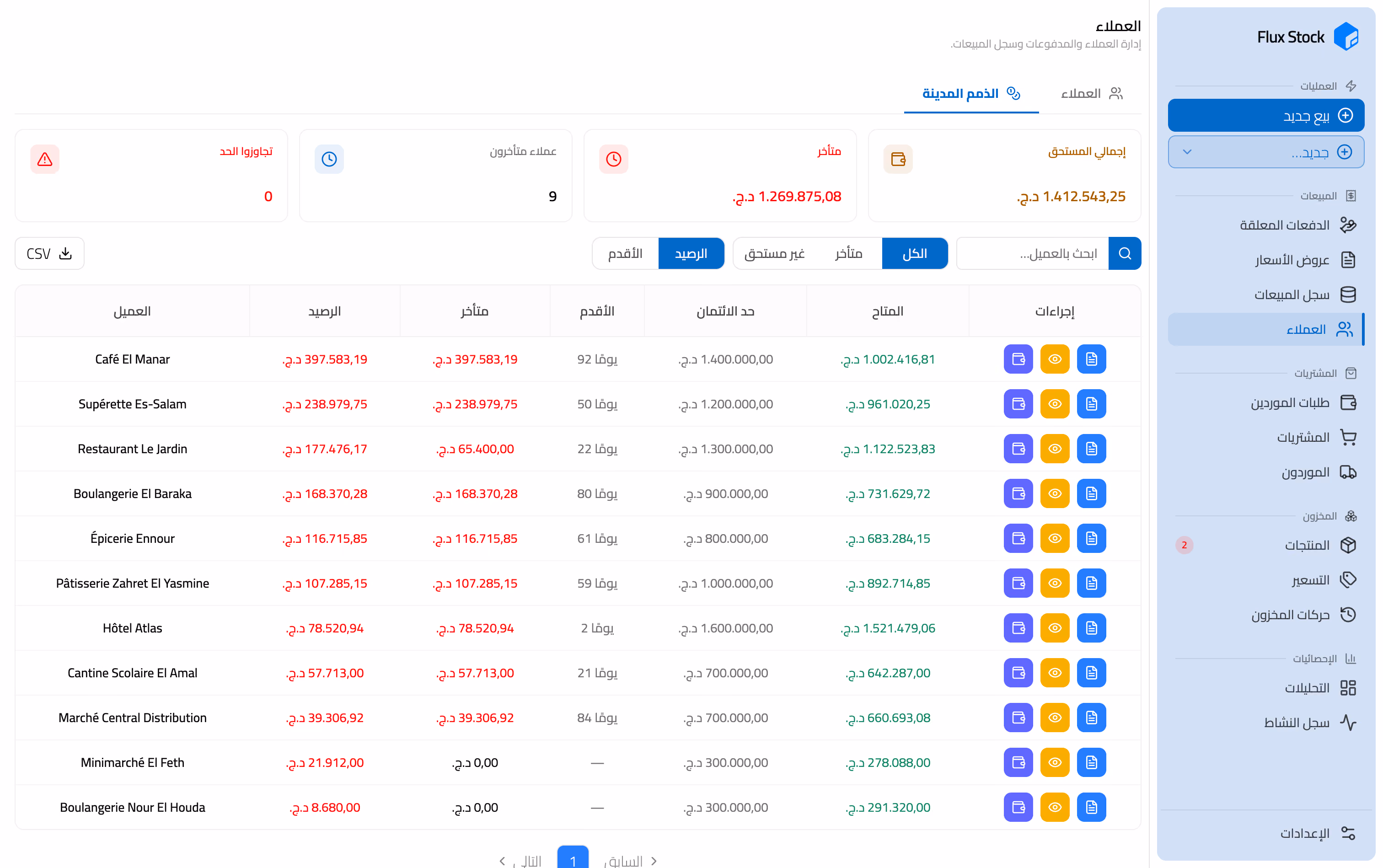متابعة ديون العملاء وميزان الأعمار في Flux Stock