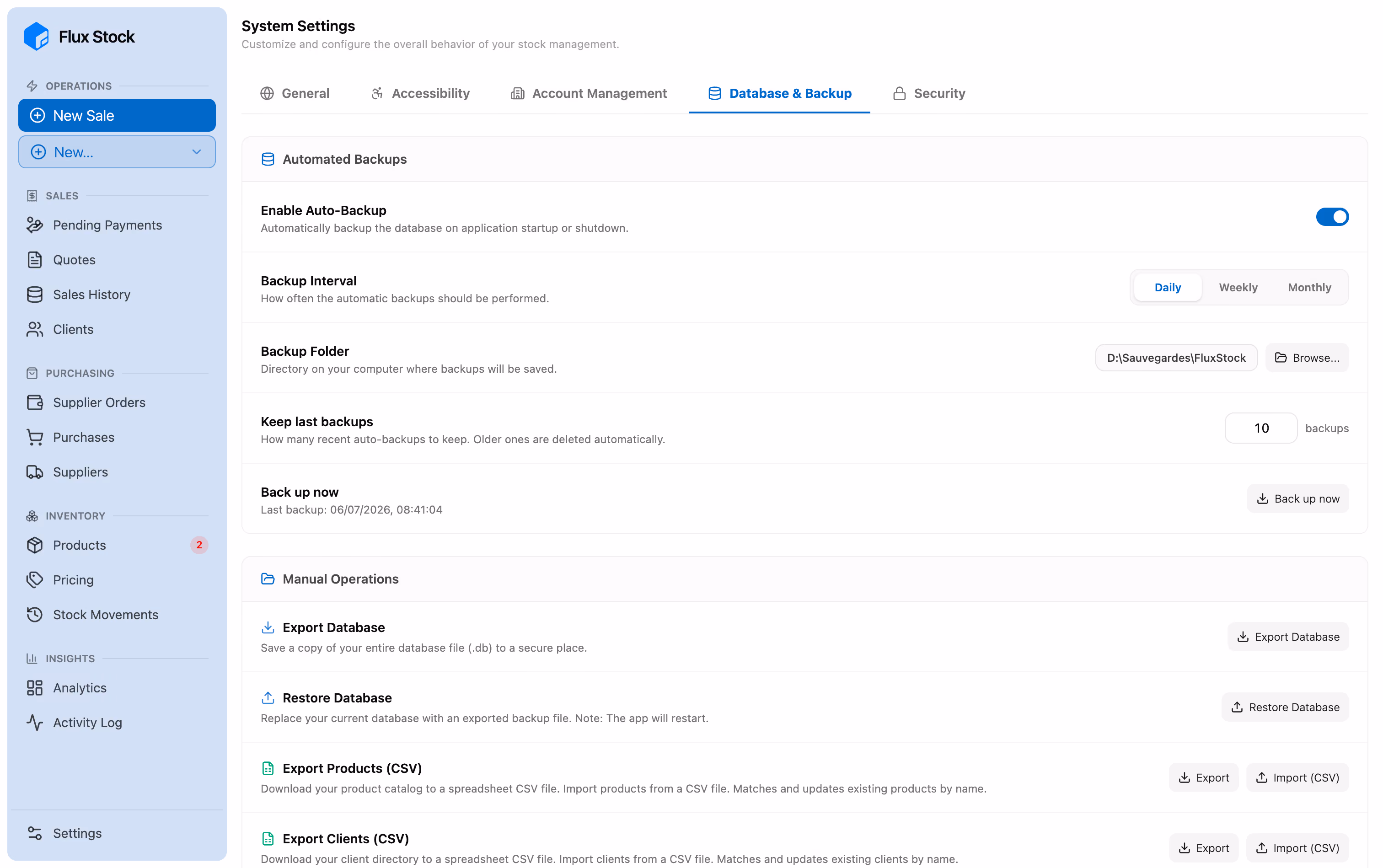Automatic backup settings in Flux Stock